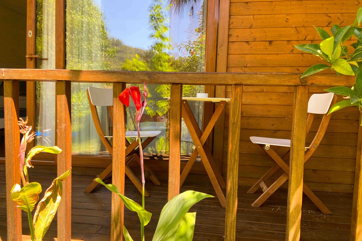 A wooden deck area features two white folding chairs and a small table, surrounded by vibrant greenery. The natural light is filtered through a nearby glass door, enhancing the inviting outdoor space.