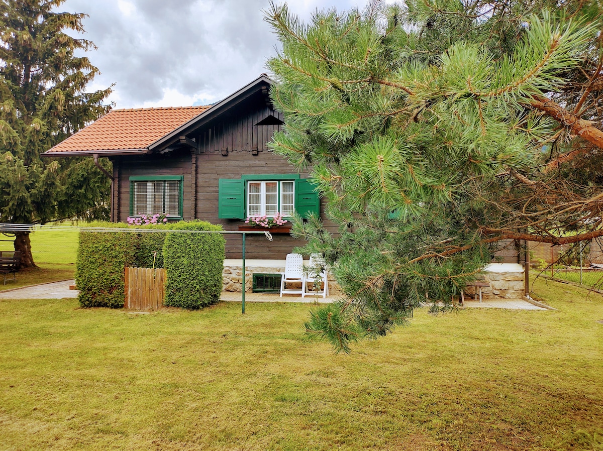The charming wooden house is surrounded by green grass, with manicured shrubs and colorful flowers adorning the window boxes. Two white chairs are positioned outside under a shaded area, providing a peaceful spot for relaxation.