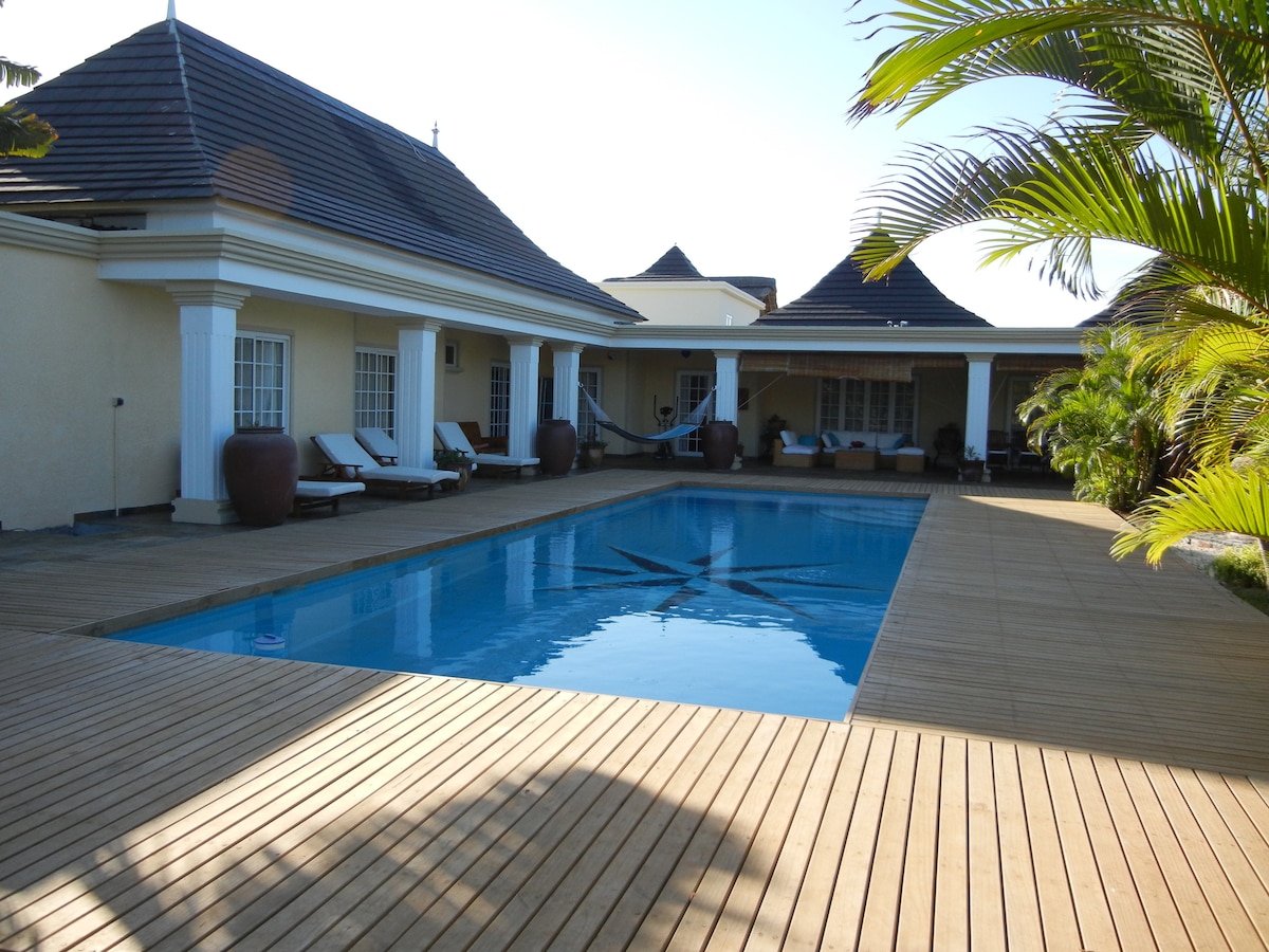 An outdoor area features a large swimming pool surrounded by a wooden deck, equipped with lounge chairs and a hammock. Lush tropical plants are positioned around the space, enhancing the serene ambiance. The area is illuminated by natural sunlight, casting gentle reflections on the water.
