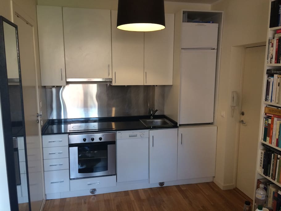 Kitchen with fridge, freezer, oven and dishwasher