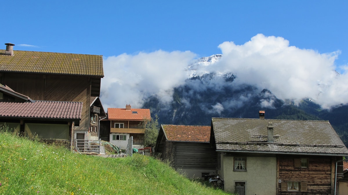 A view of traditional wooden houses is presented against a backdrop of mountains partially covered by clouds. The scene captures a lush green lawn in the foreground, while the vibrant blue sky enhances the serene atmosphere of the village.