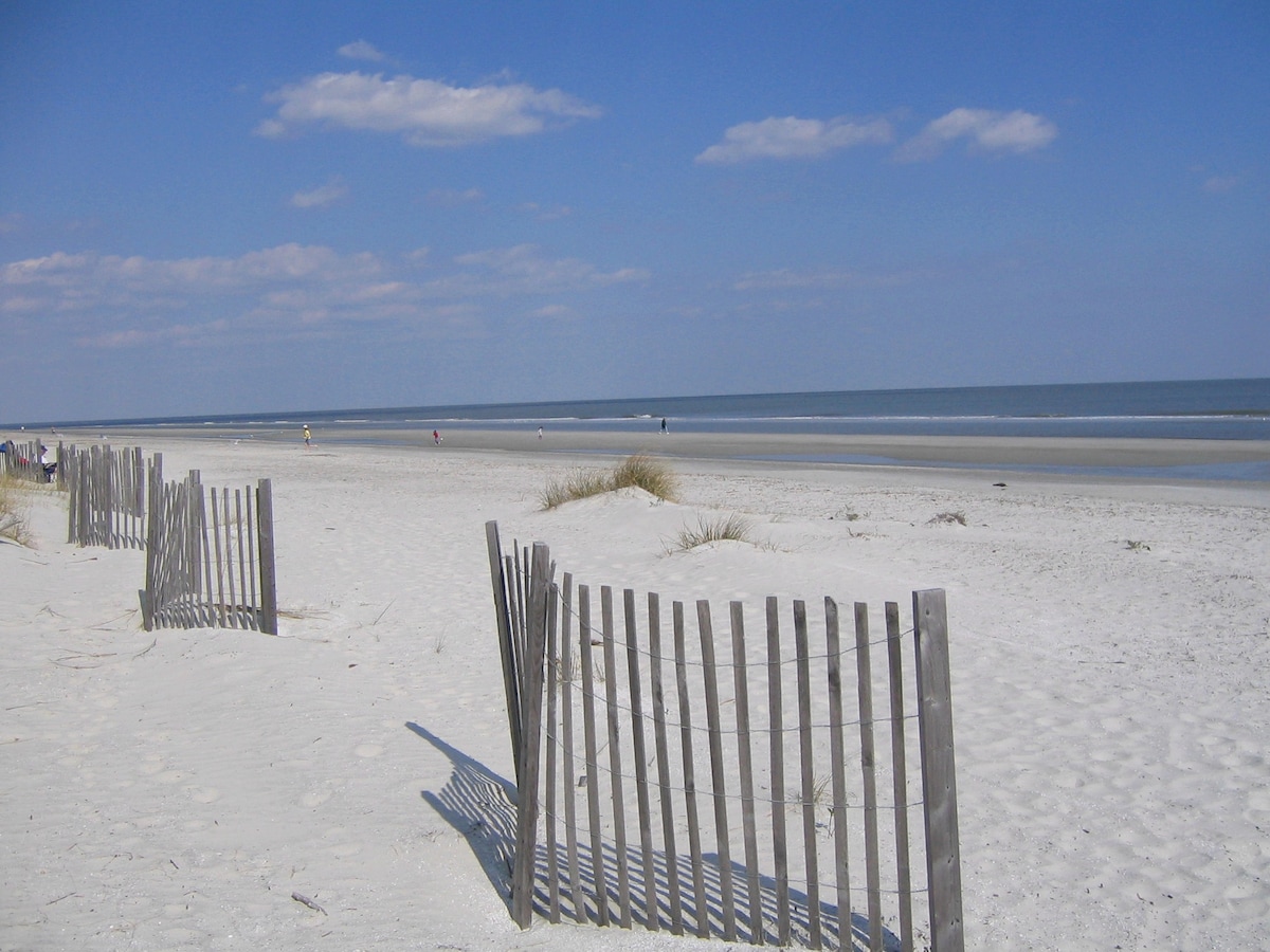A wide expanse of sandy beach stretches along the shoreline, with delicate grasses swaying in the breeze. Wooden sand fences are positioned at intervals, leading to the ocean where gentle waves meet the shore under a clear blue sky scattered with fluffy clouds.