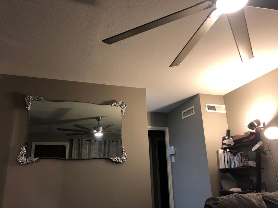 Modern fan, bookcase and vintage mirror in shared living room