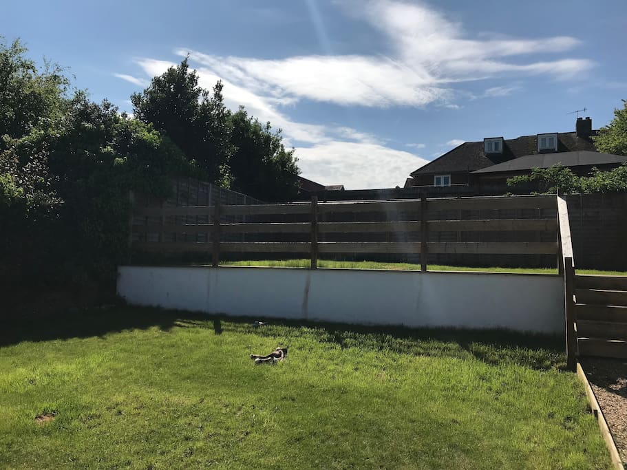 Large sunny south facing quiet back garden in quiet residential area. Sunny all day long till sunset. Large table and chairs, sun lounger, barbecue