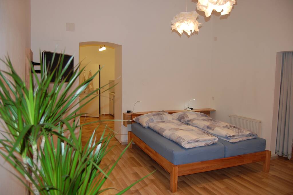 Blick vom Wohn-/Schlafzimmer in die Küche