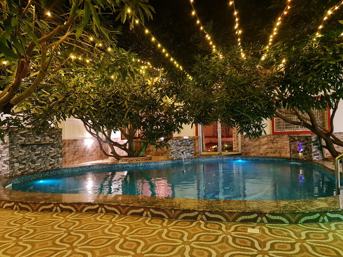 A uniquely designed swimming pool is surrounded by lush greenery and illuminated by festive string lights. The water glimmers under the gentle lighting, and a patterned patio extends around the pool, enhancing the inviting atmosphere for relaxation and gatherings.