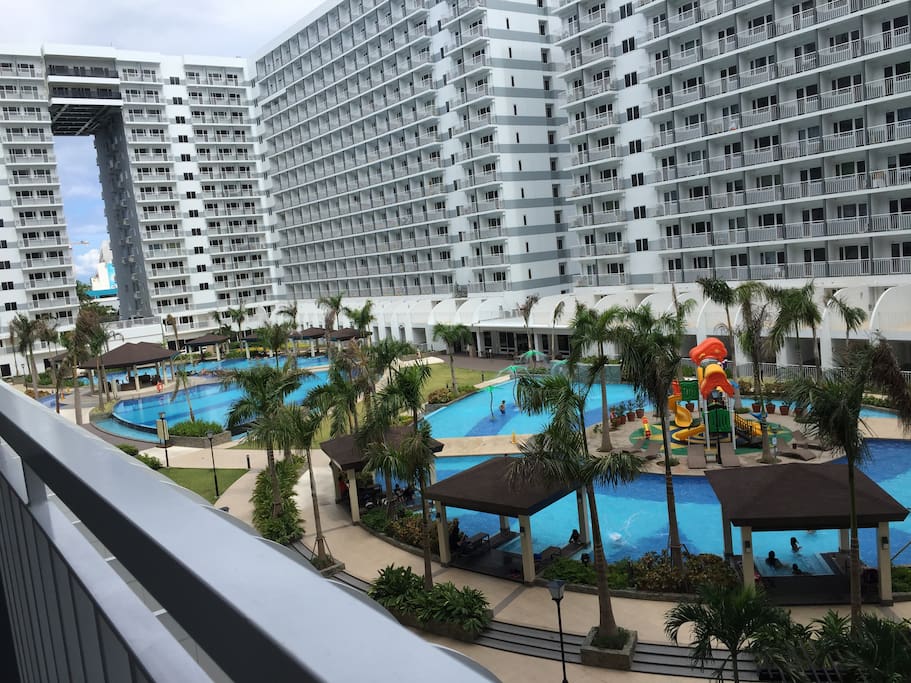 Balcony overlooking swimming pool area