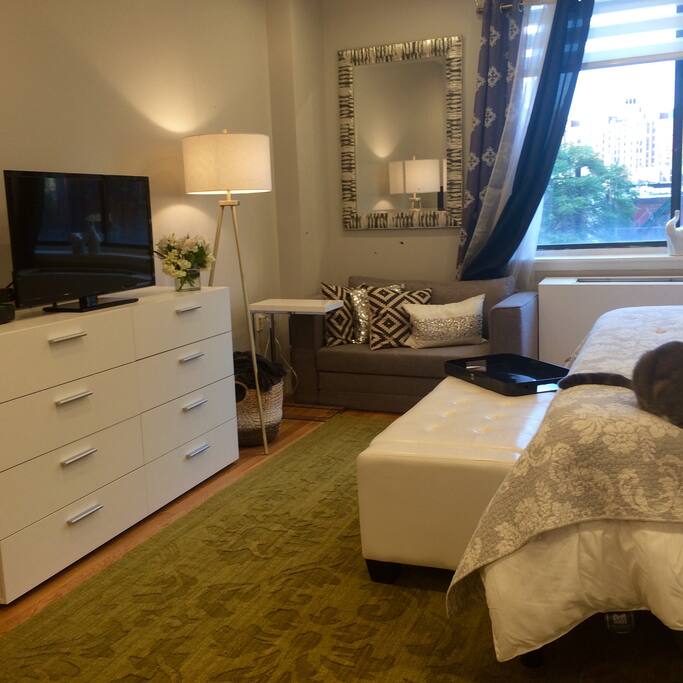 Sofa pulls out into a bed for one.