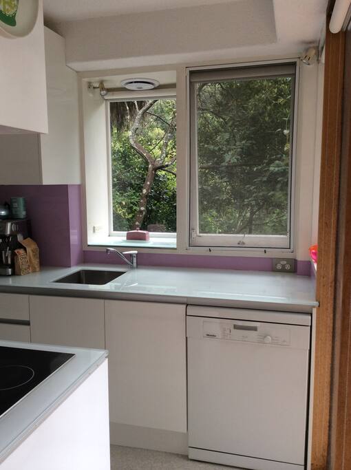 The kitchen has views to outside into the valley.