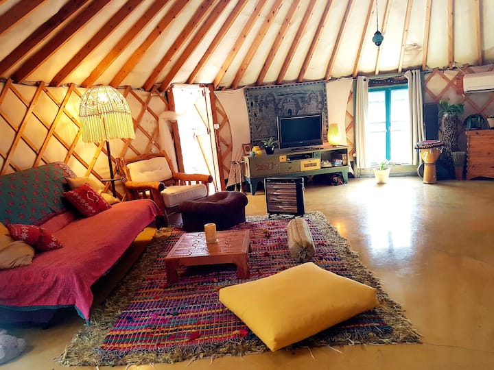 A separate unit  Spacey round yurt, 50 square meters...well equipped with kitchen and private bathroom and sitting corners..
Kids will be fascinating with joyful space.
One family of 4 or 5 members can stay very comfortably.