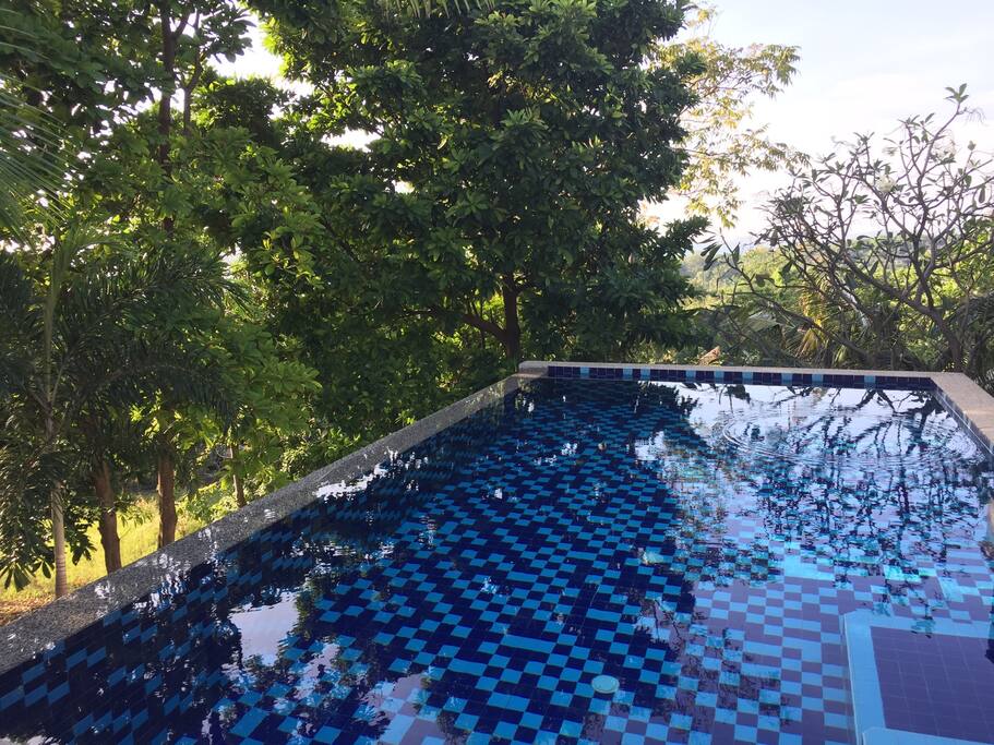The swimming pool has views across the bay, and is also shaded from the hot afternoon sun. Plenty of sunshine during the day.