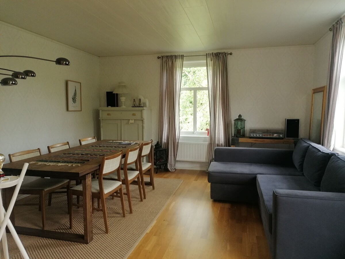 A spacious living and dining area is visible, featuring a large wooden dining table with several chairs. A comfortable sectional sofa is arranged against one wall. Natural light filters through a window adorned with light curtains, illuminating the warm wood flooring.