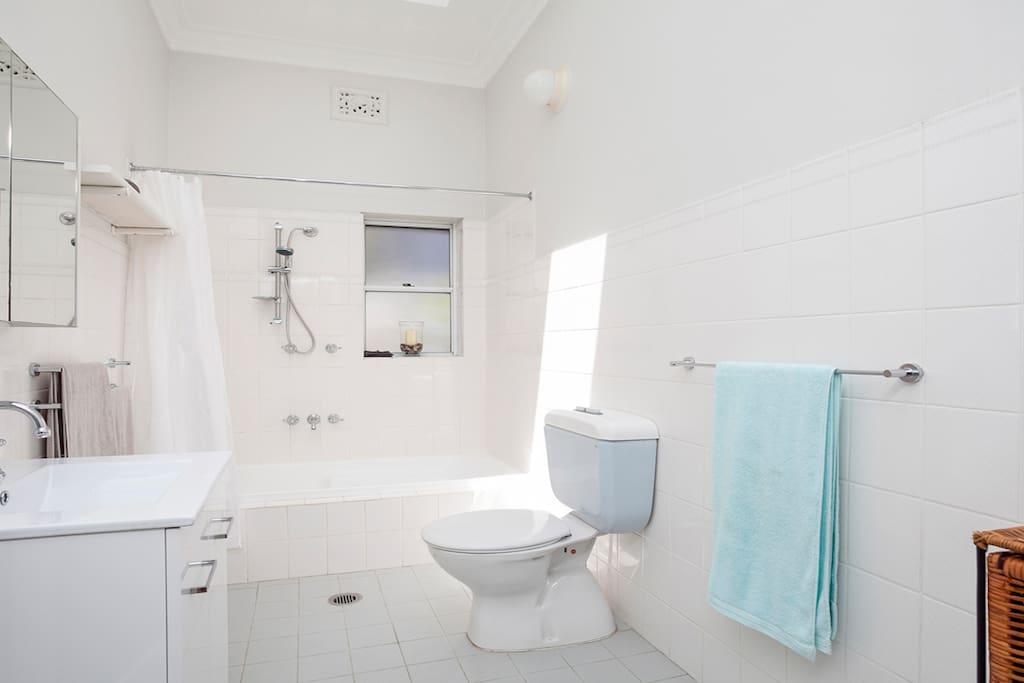 Spacious bathroom with shower and bath.