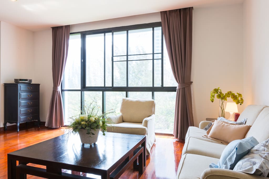 Living room with high ceiling window over look at the US Embassy resident garden view