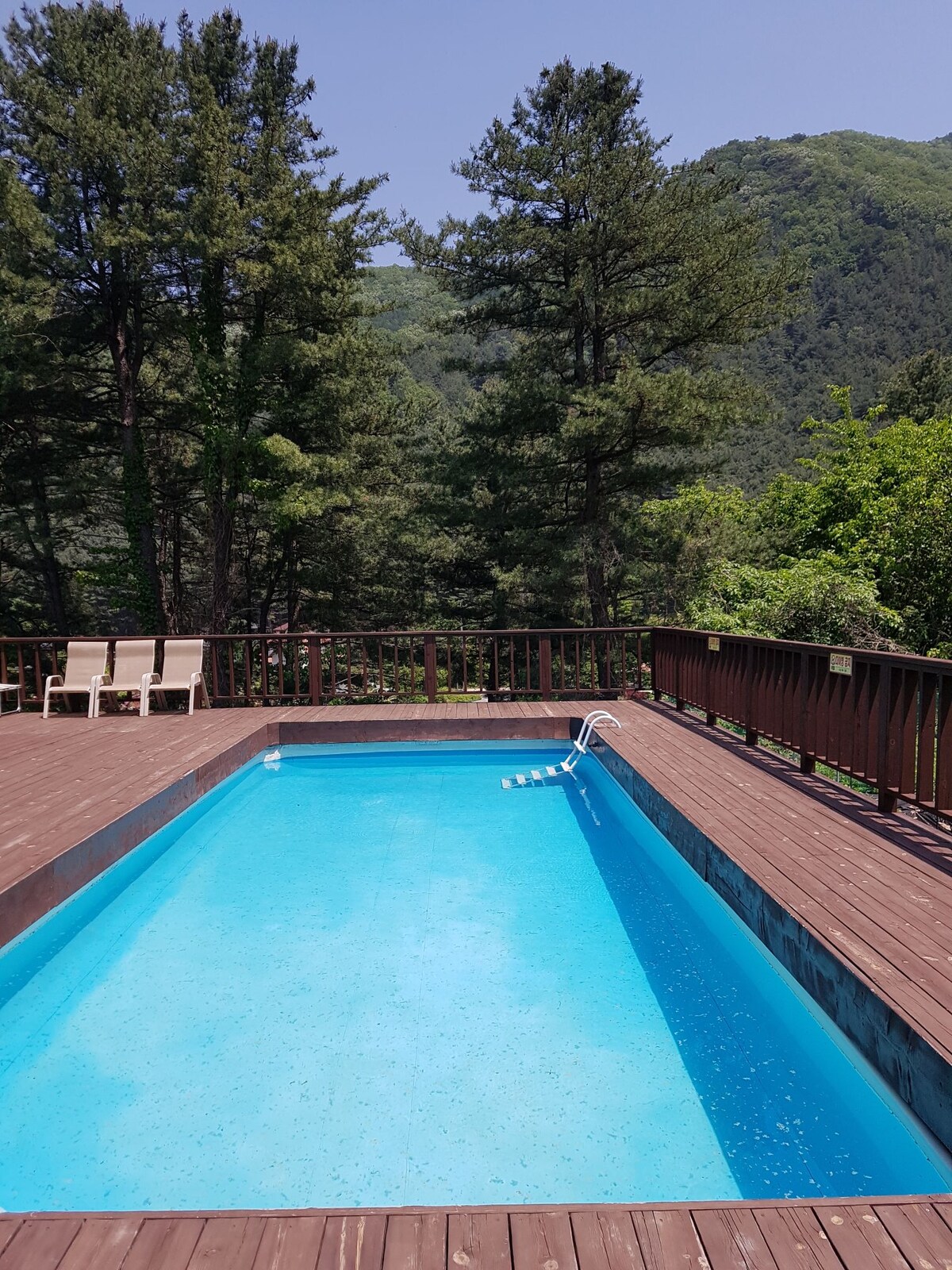 A clear swimming pool is framed by a wooden deck, surrounded by tall trees and lush greenery. Two lounge chairs are positioned nearby for relaxation. The landscape of mountains is visible in the background, enhancing the serene atmosphere of the outdoor space.