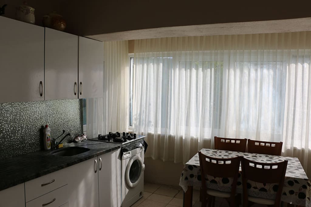 Kitchenette is equiped with fridge, oven, kettle, washing machine and utensils.