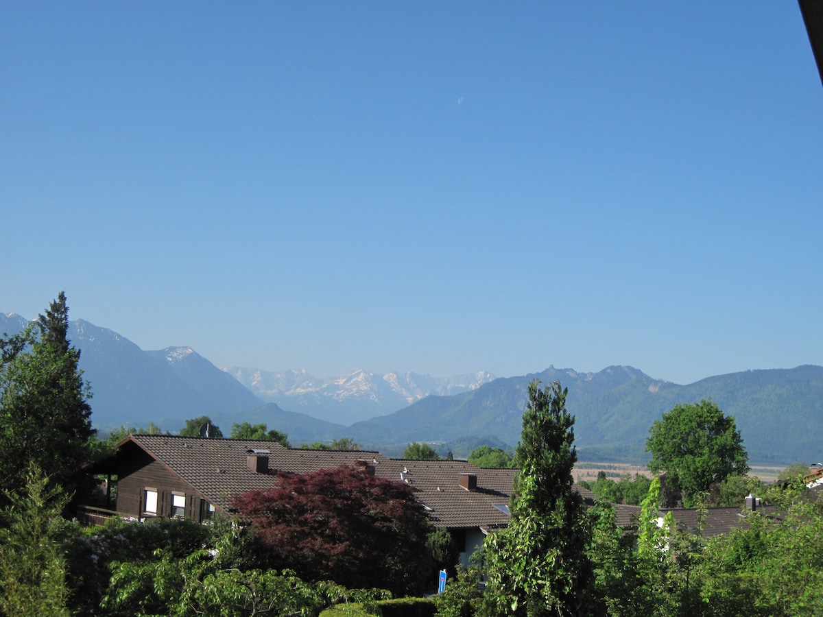 A panoramic view of the surrounding landscape is visible, featuring distant mountains capped with snow. Lush greenery and residential buildings can be seen in the foreground, complementing the clear blue sky overhead.