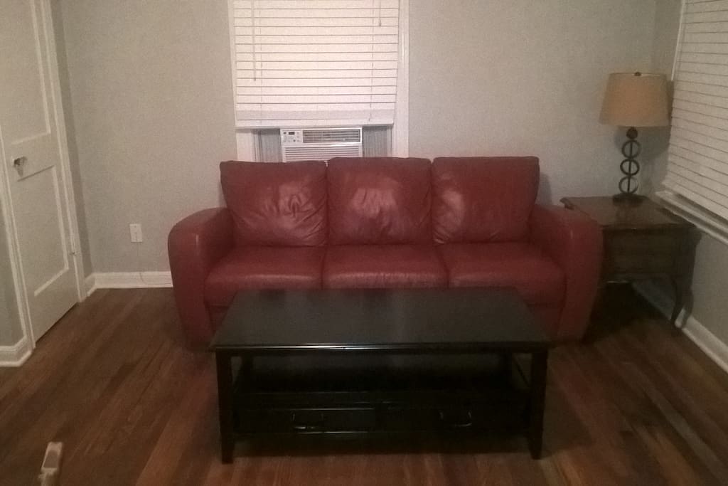 This is one half of the living room, comfortable leather couch.