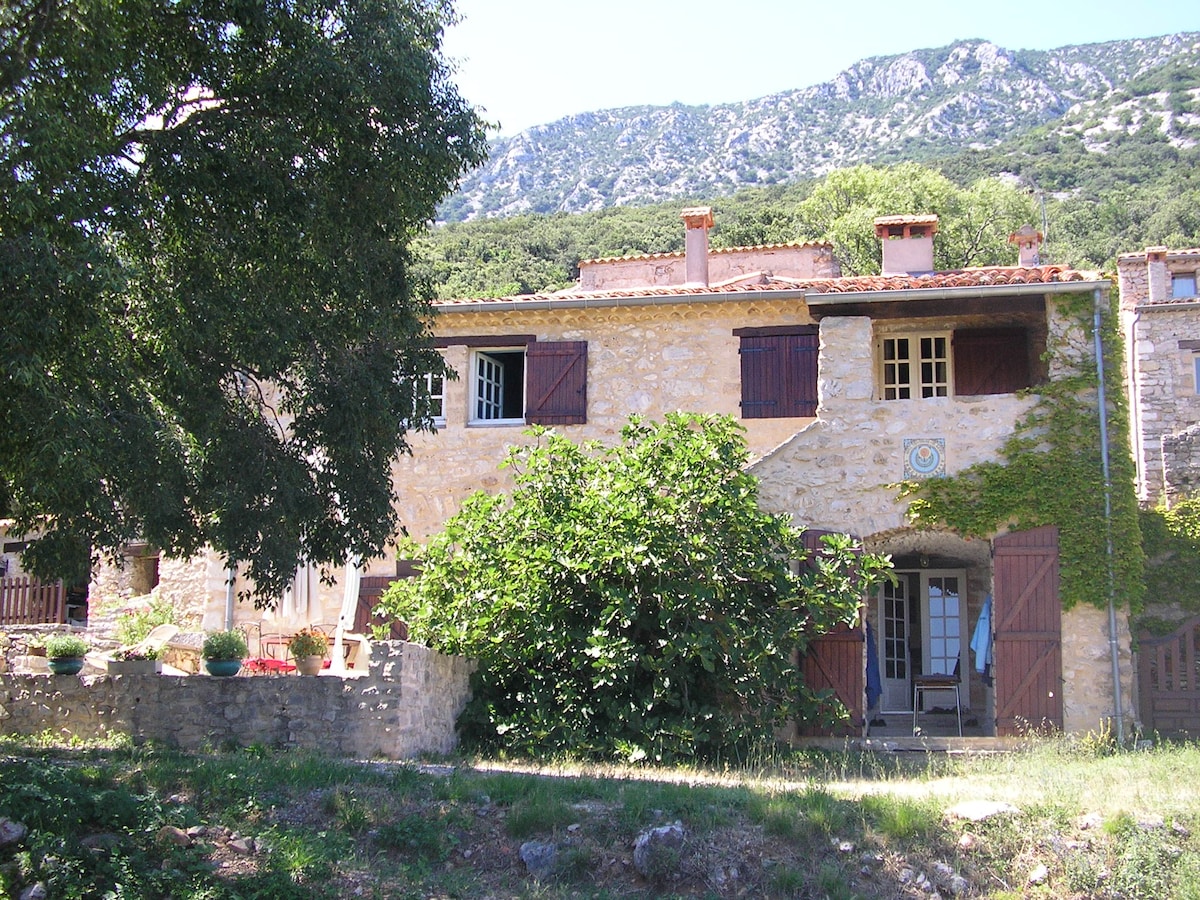A rustic stone house is set against a backdrop of mountains, with wooden shutters and a welcoming entrance. Lush greenery surrounds the property, adding to the peaceful ambiance. A patio area is visible, providing an outdoor space for relaxation.