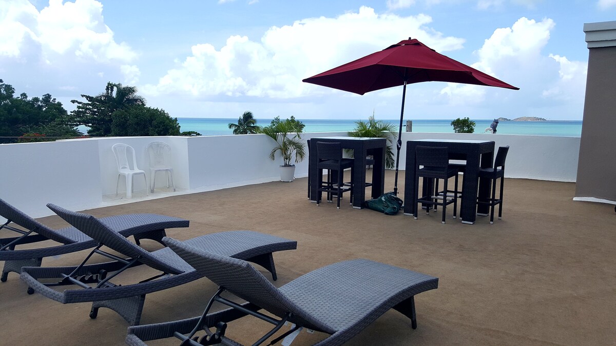 A spacious terrace overlooks the Caribbean Sea, featuring a dining set under a bright red umbrella. Lounge chairs are arranged for relaxation, surrounded by potted plants that enhance the outdoor space. The serene blue sky complements the inviting atmosphere of the terrace.