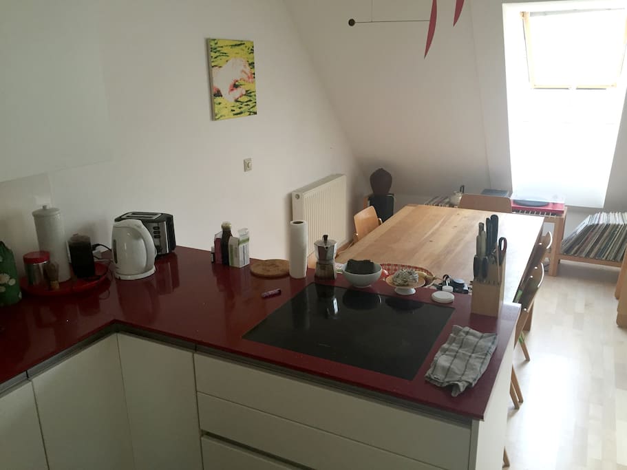 View from the kitchen to the dining table.