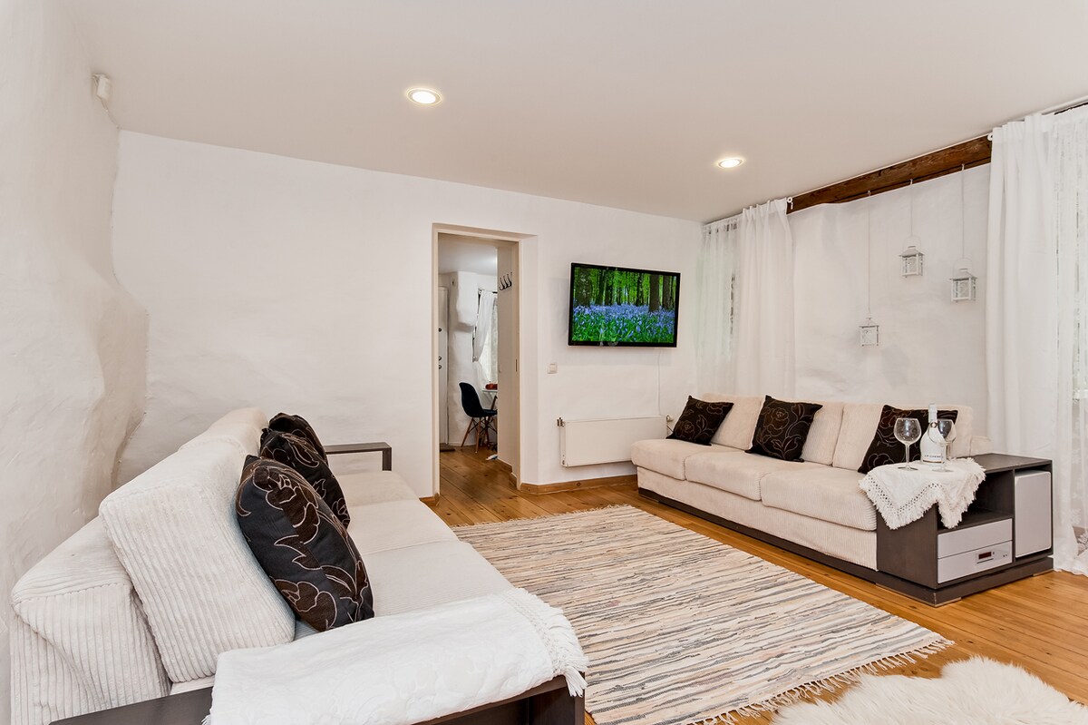 A welcoming living area features a light-toned sofa and a comfortable lounge chair, positioned around a neutral area rug. A modern flat-screen TV is mounted on the wall, while soft drapes allow natural light to enhance the space.