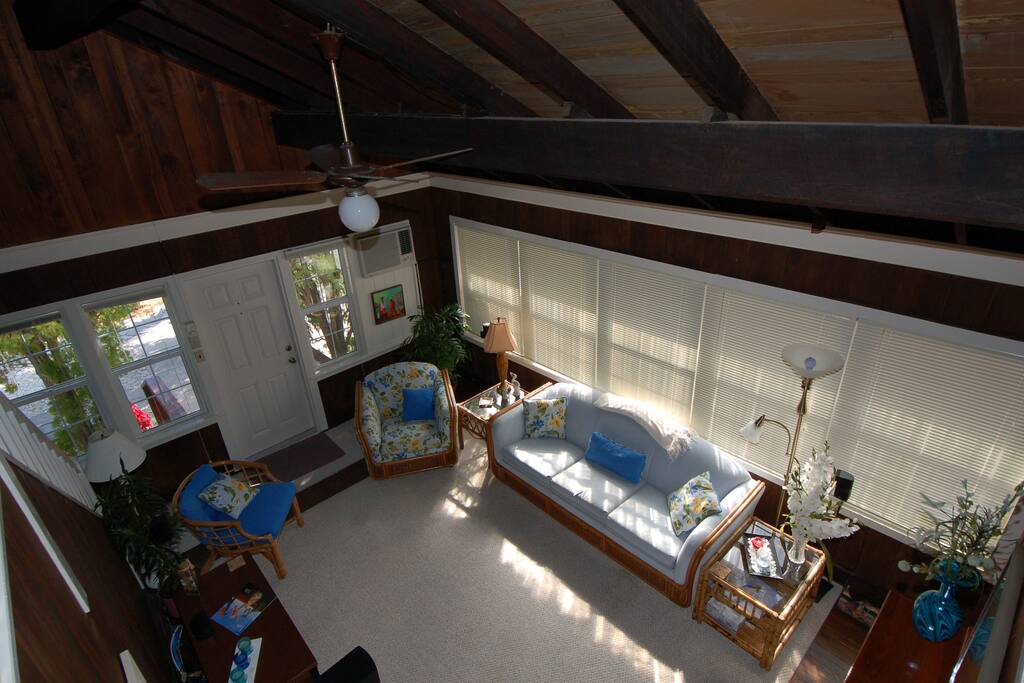 Living room from above - ceiling is two stories high at peak