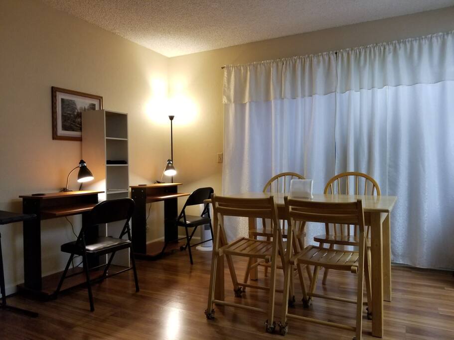 Dining area and desks available to use.