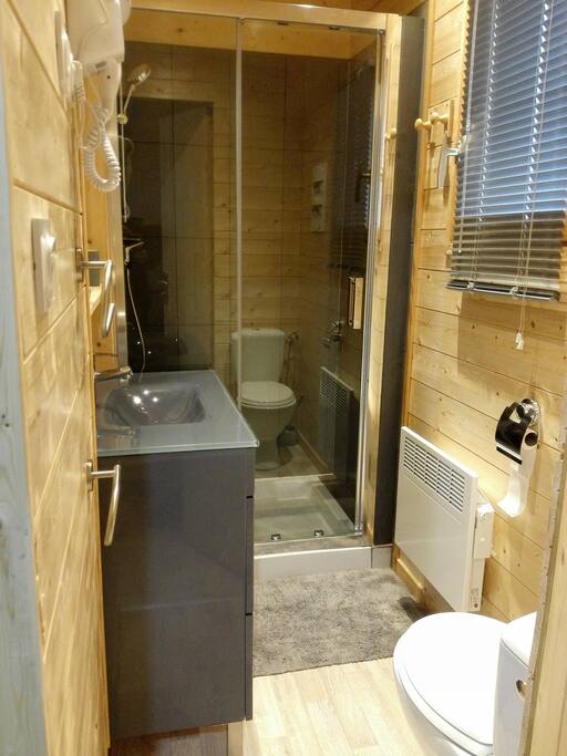 salle de bain avec douche spacieuse vasque wc et seche cheveux