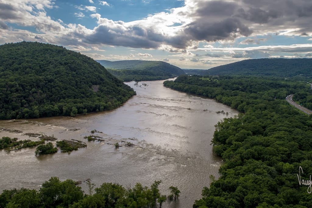 View up the Potomac River. The mountain gap is where the Shenandoah and Potomac Rivers converge at Harpers Ferry, WV. Shot with a drone across the street from our house.