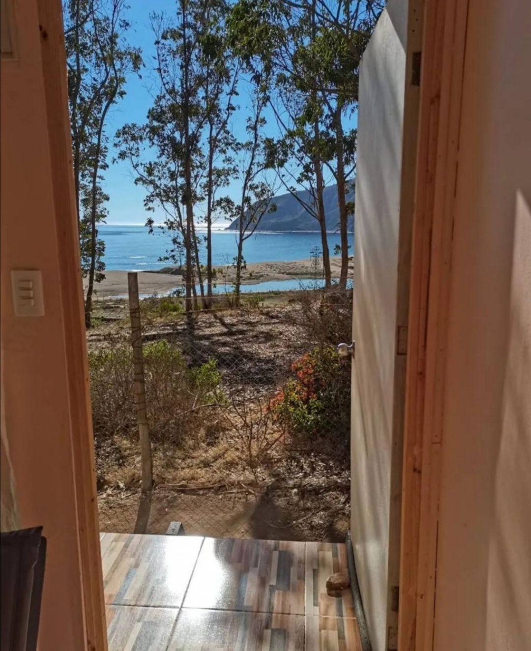 A view from an open door frames a serene landscape, showcasing a tranquil beach with gentle waves against the shore. Tall eucalyptus trees line the pathway, and the sunlight illuminates the sandy ground, creating a calming atmosphere just outside the entrance.
