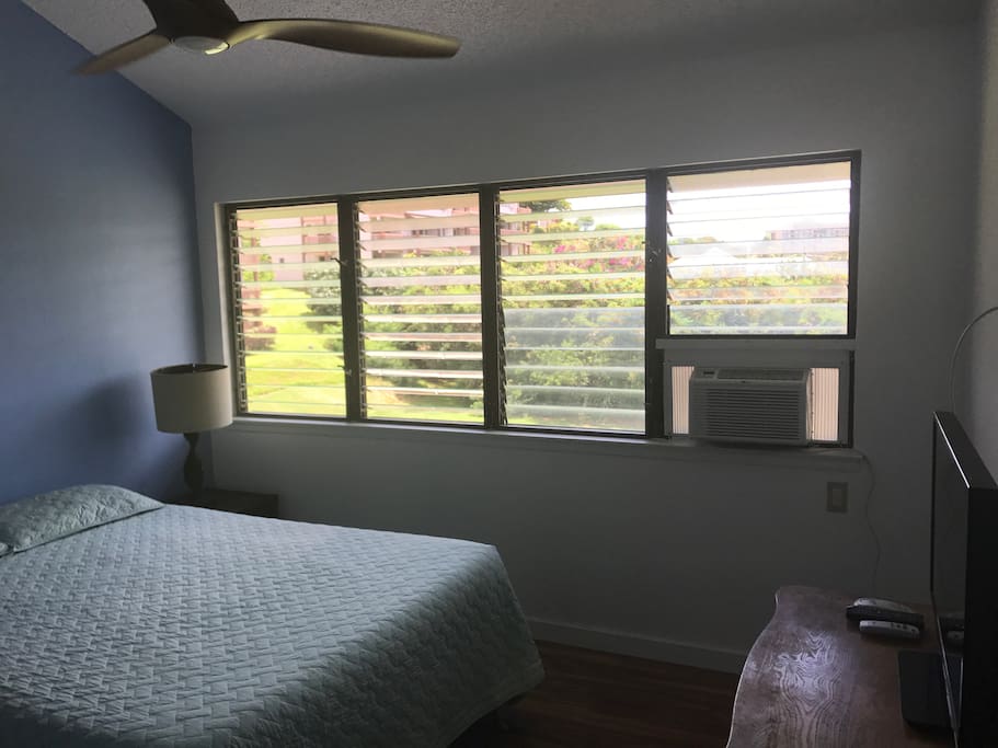 Master bedroom with ocean views, breezes, AC unit, mini fridge, vizio TV, Koa wood ceiling fans. Queen size Temperpedic mattress