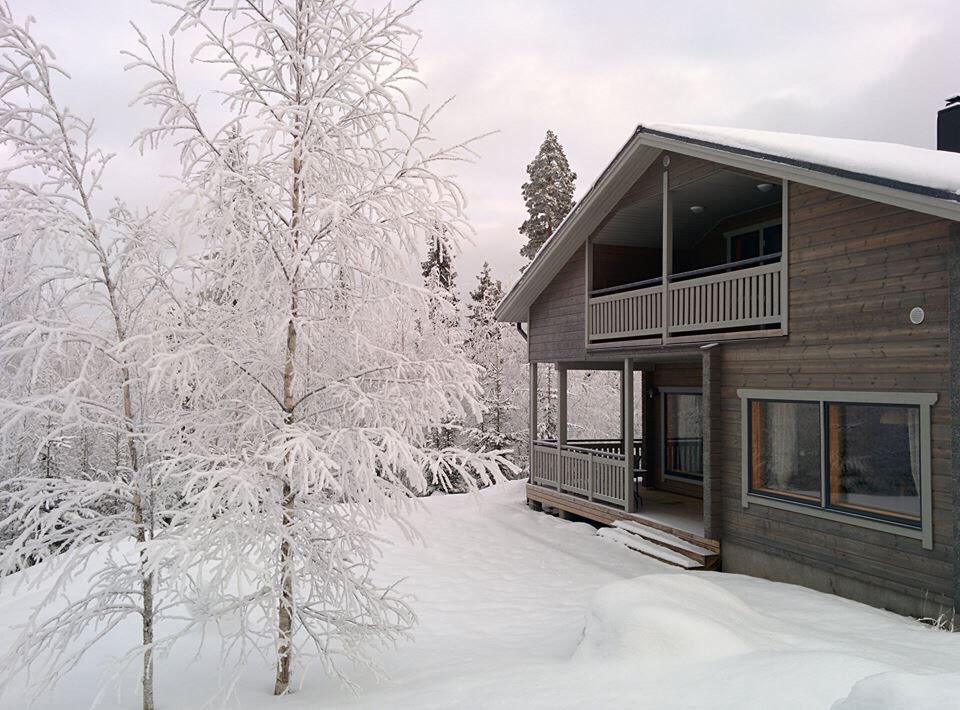 A modern wooden cottage is set against a snowy landscape, with frost-covered trees surrounding the property. The structure features a covered porch with railings and large windows, allowing views of the winter scenery. Soft snow blankets the ground, creating a serene atmosphere.