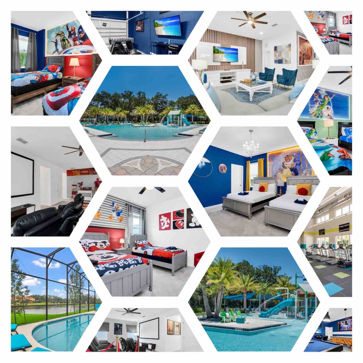 A collage of rooms and amenities within a spacious home showcases bright, themed bedrooms, each equipped with flat screen TVs. An inviting living area features a modern sofa set. The outdoor area includes a private pool, jacuzzi, and water slide, surrounded by lush landscaping.
