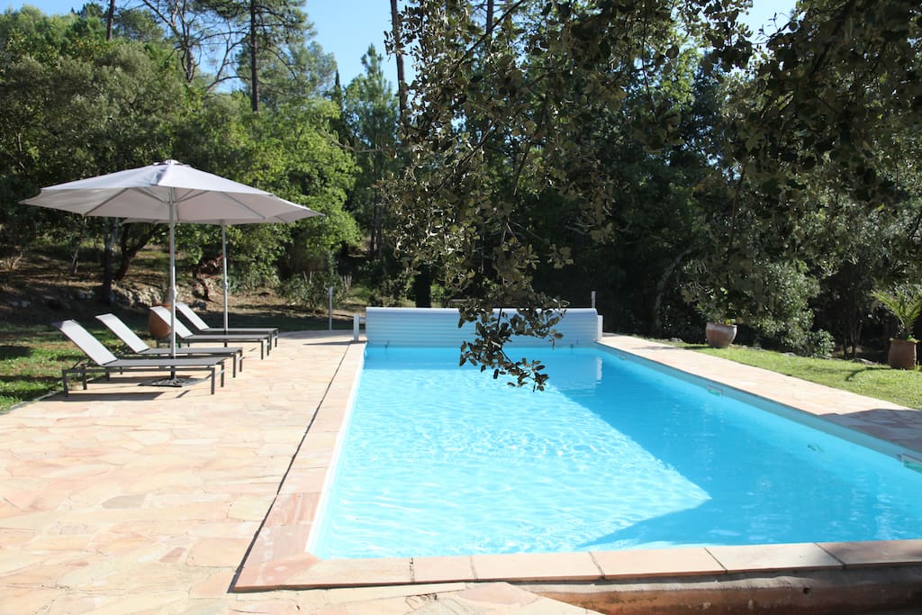 Pool area with 8 sun loungers, parasols, shower, shaded areas