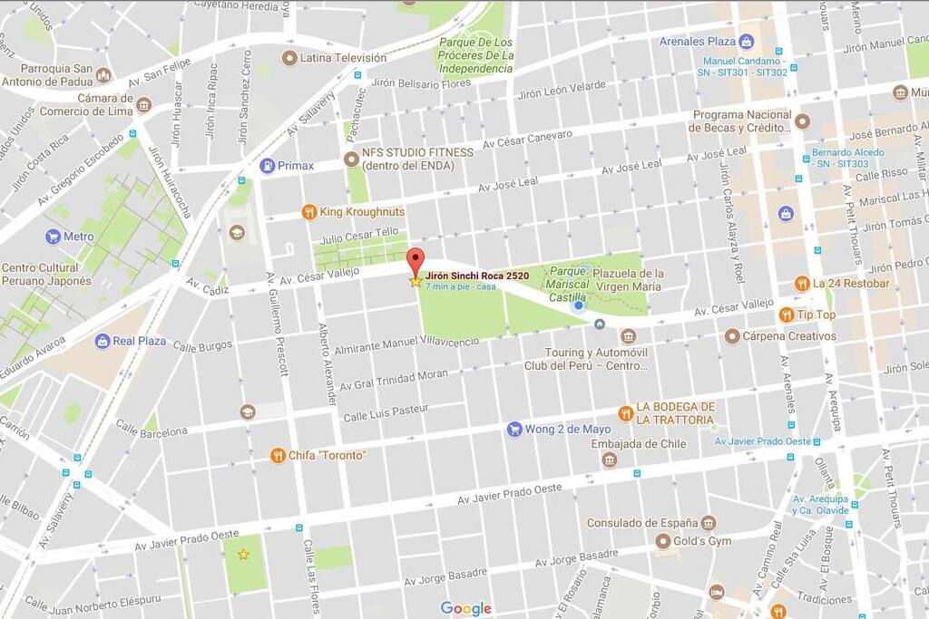Mapa de ubicación y referencias a principales avenidas, restaurantes y supermercados