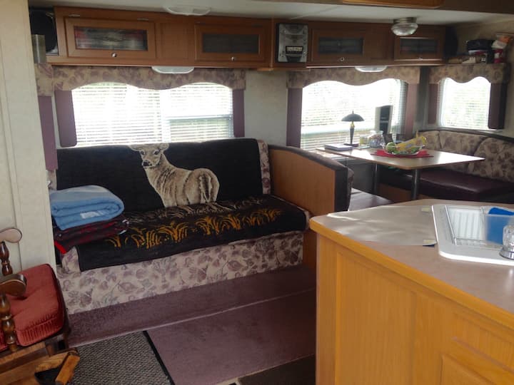 Fold down (5’4” size) couch for cuddling to watch tv or a dvd movie or read with surround sound radio.