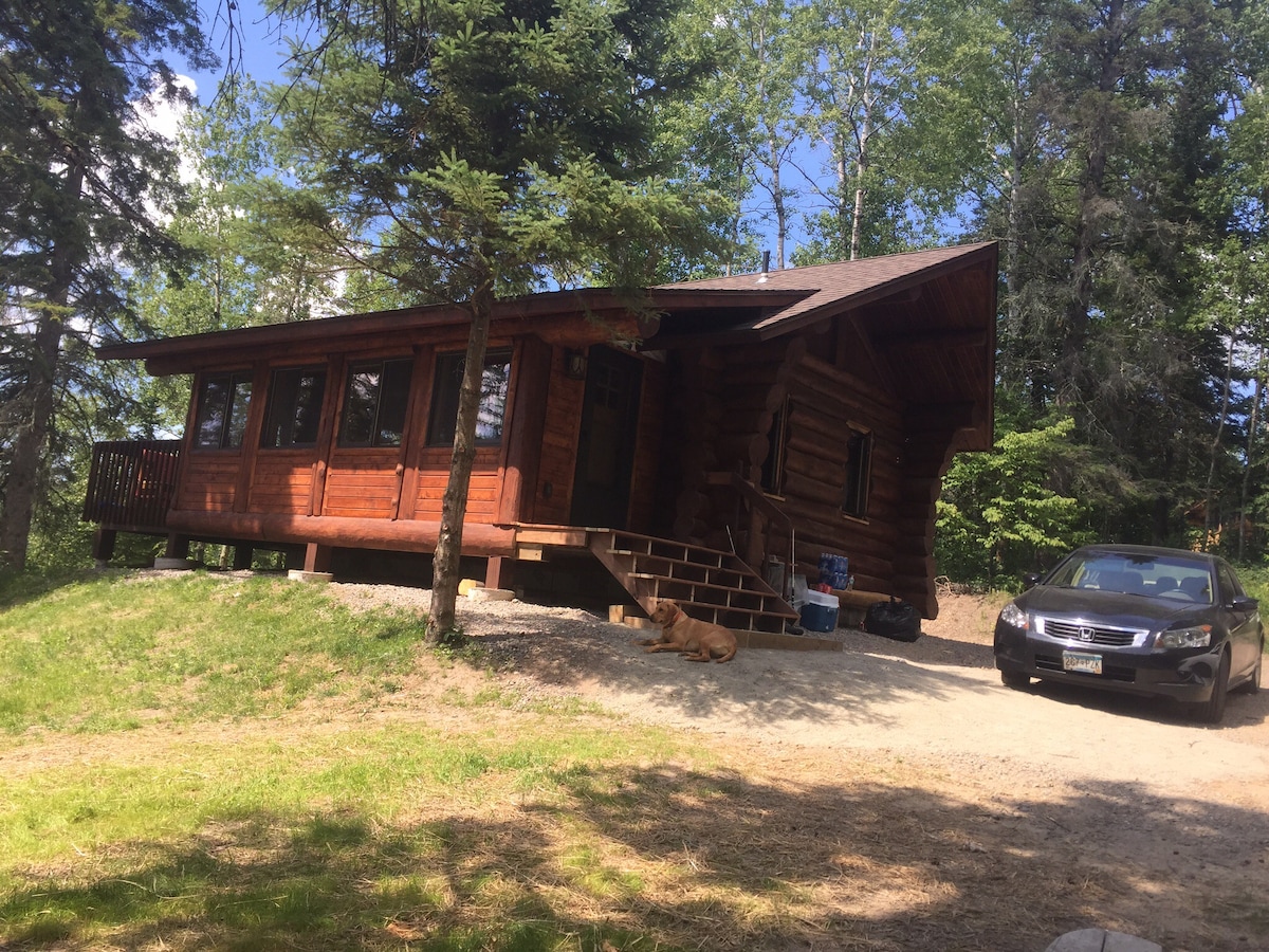 The cabin's exterior is constructed from warm-toned logs, set against a backdrop of greenery. Steps lead up to a welcoming entrance, and large windows allow natural light to fill the interior. A vehicle is parked nearby, indicating accessibility.