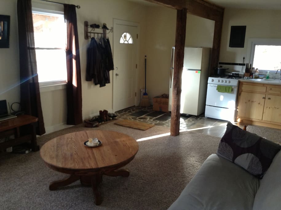 This is the main room as viewed facing the front door, your back to the bedroom.