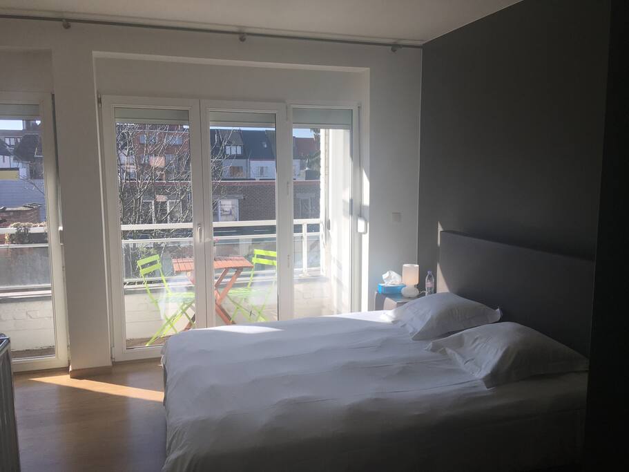 Bedroom with new, super comfy bed.