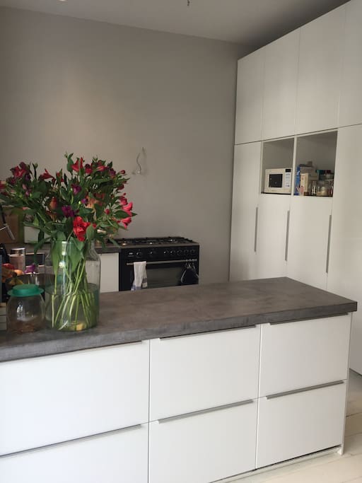 Kitchen with appliences (microwave, big oven, dishwasher, coffee machine, freezer, refrigerator...)