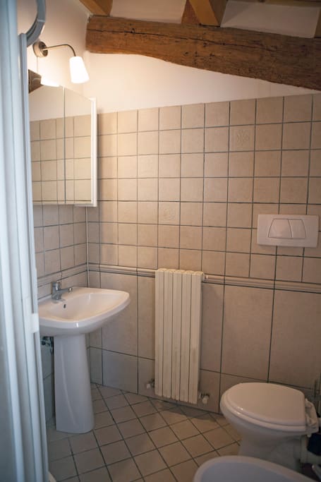 Bagno con doccia, bidet, asciugacapelli, essenziali, asciugamani e ferro da stiro.