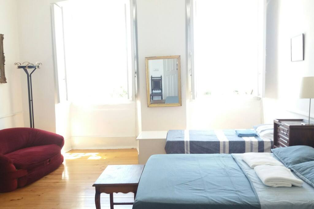 One large double bed and one single bed.