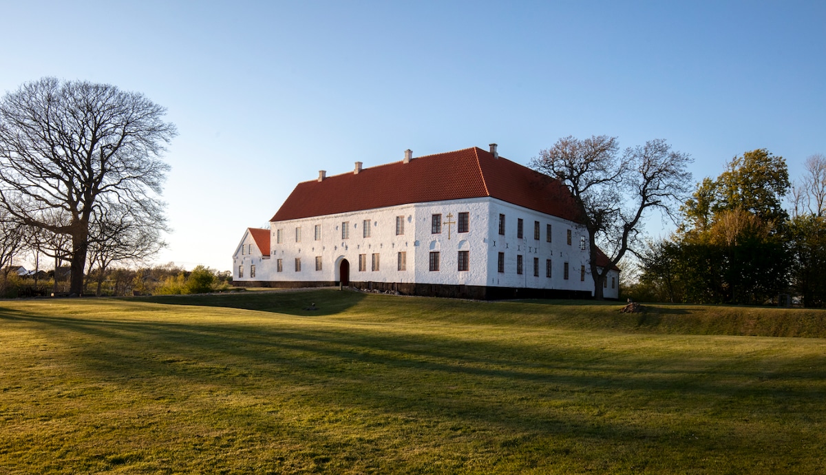 The historic Herregårdsvilla stands amidst lush green grounds, showcasing whitewashed walls and a distinctive red roof. Large windows reflect the natural light, and the surrounding landscape features mature trees, enhancing the serene and picturesque setting.
