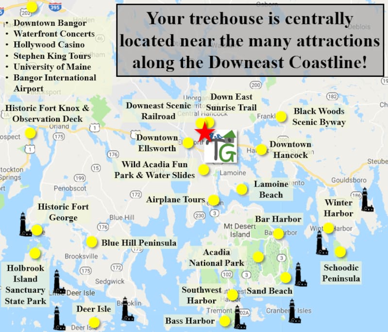 Your treehouse is centrally located near the many attractions along the Downeast Coastline!
