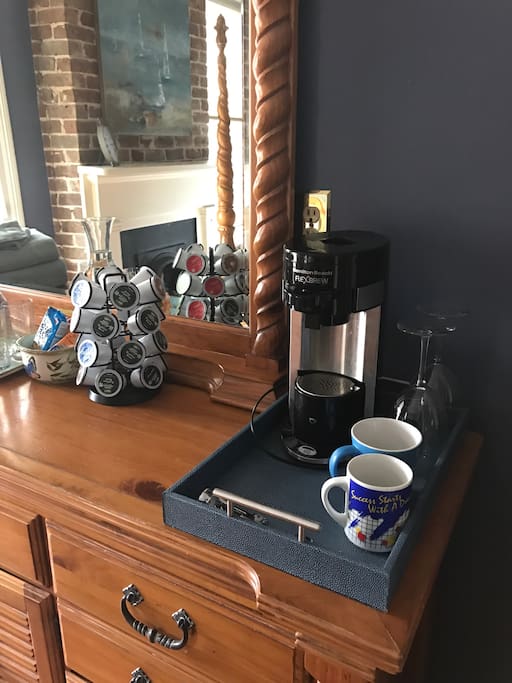 In room beverage station complete with complimentary coffee and tea to ensure your morning is off to a great start. A small fridge is located in the room as well.