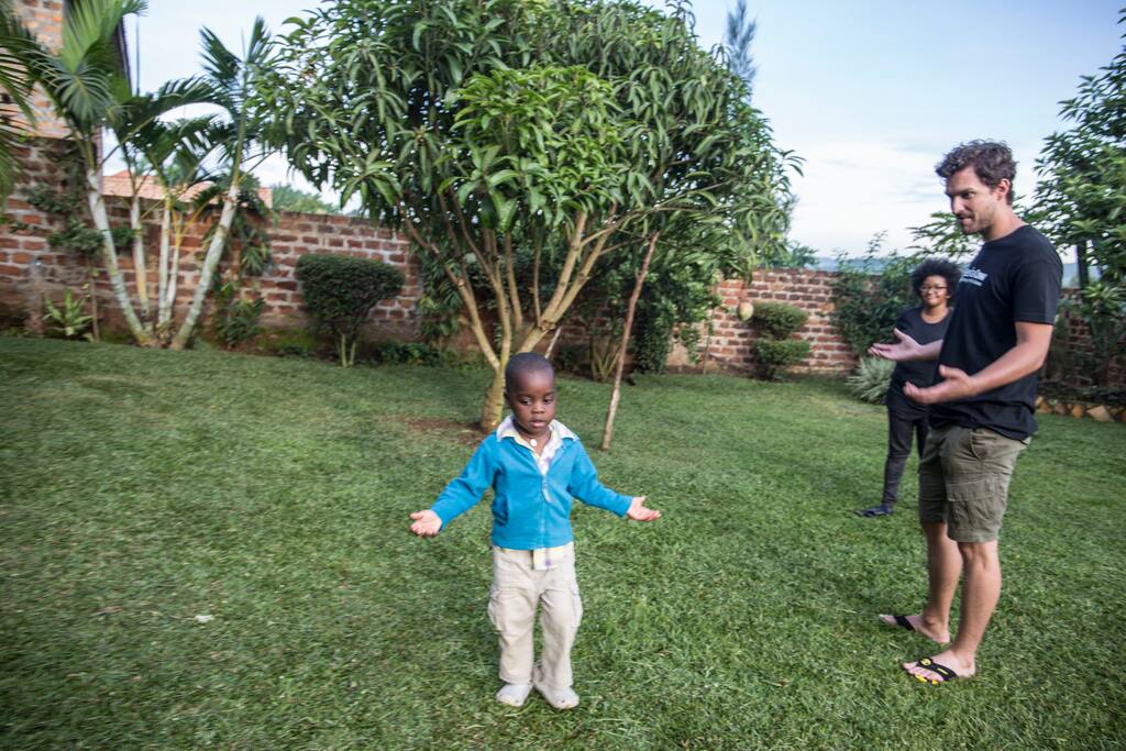 Our youngest son chatting with a guest in the mature private garden