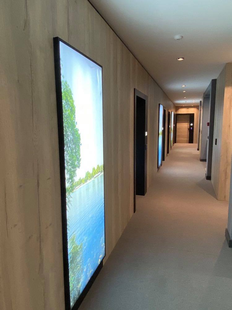 A hallway features a wood-paneled wall with illuminated artwork depicting a tranquil lakeside scene. Doors lead to guest rooms on either side, while soft lighting enhances the modern design. The floor is carpeted, and the space appears spacious and serene.