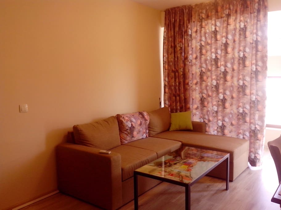 Sitting room with double sleep sofa, TV, dining table and chairs
Гостиная с двуспальным угловым диваном, телевизором, кухонным уголком, обеденным столом и стульями