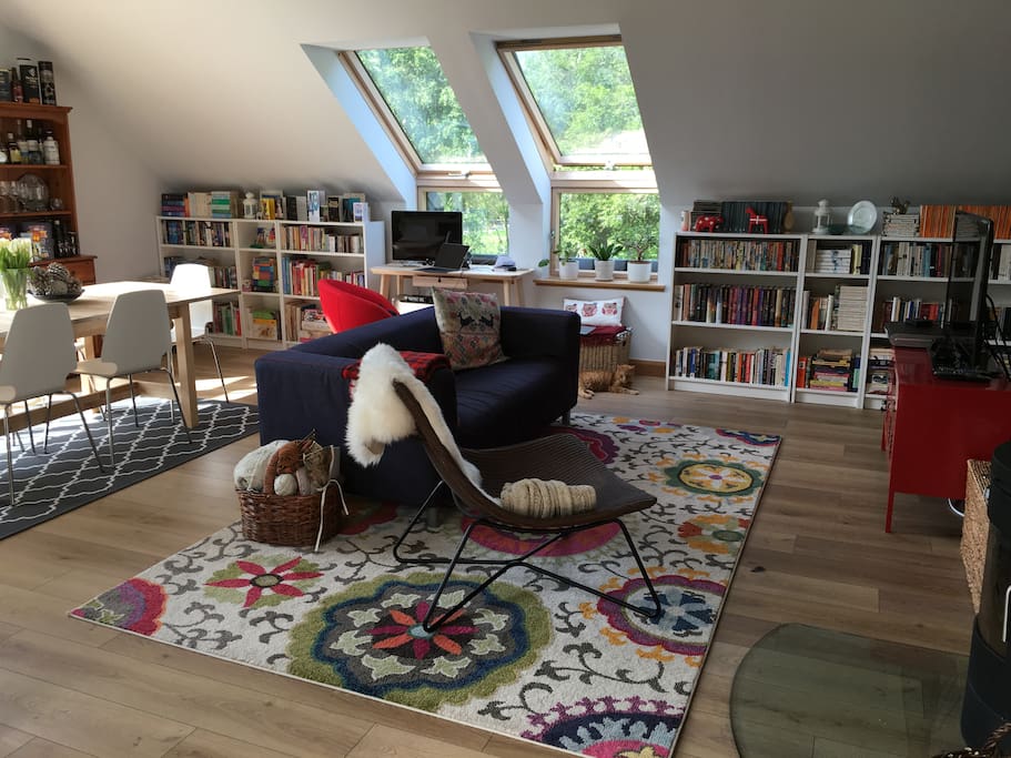 Living space with TV and wood burning stove